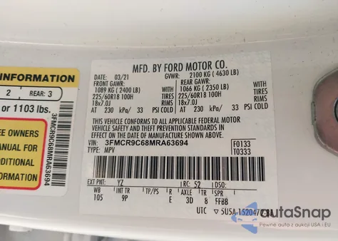 2021 Ford Bronco Sport Outer Banks z USA, uszkodzony, nr VIN 3FMCR9C68MRA63694